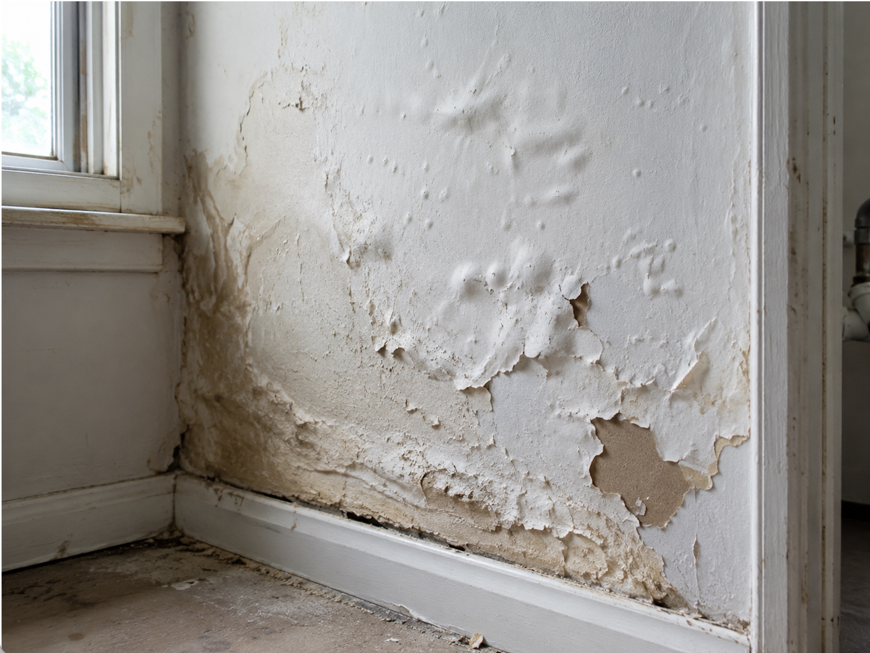 Wall with severe water damage: bubbling and peeling paint, brown staining, and exposed brown drywall paper near the baseboard