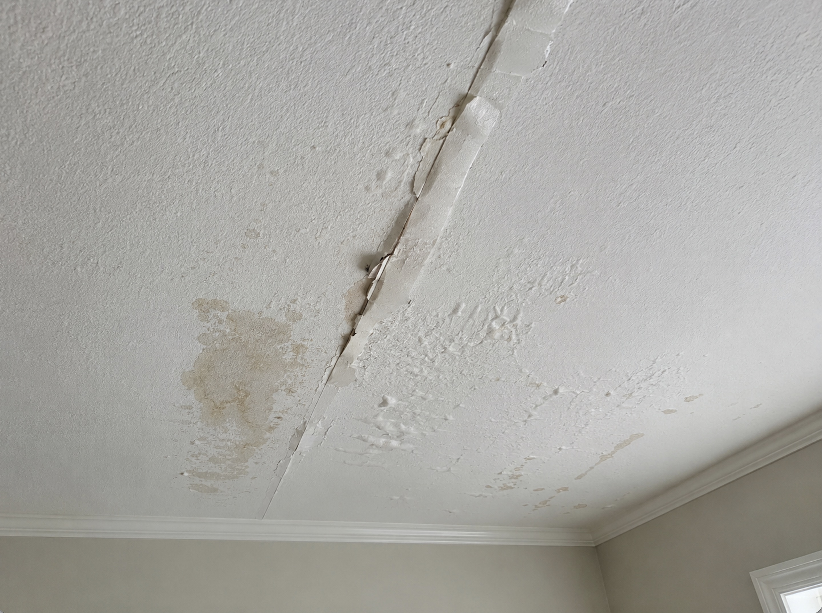 Textured ceiling showing brown water stains, bubbled paint and texture, and a failing seam where joint tape is lifting
